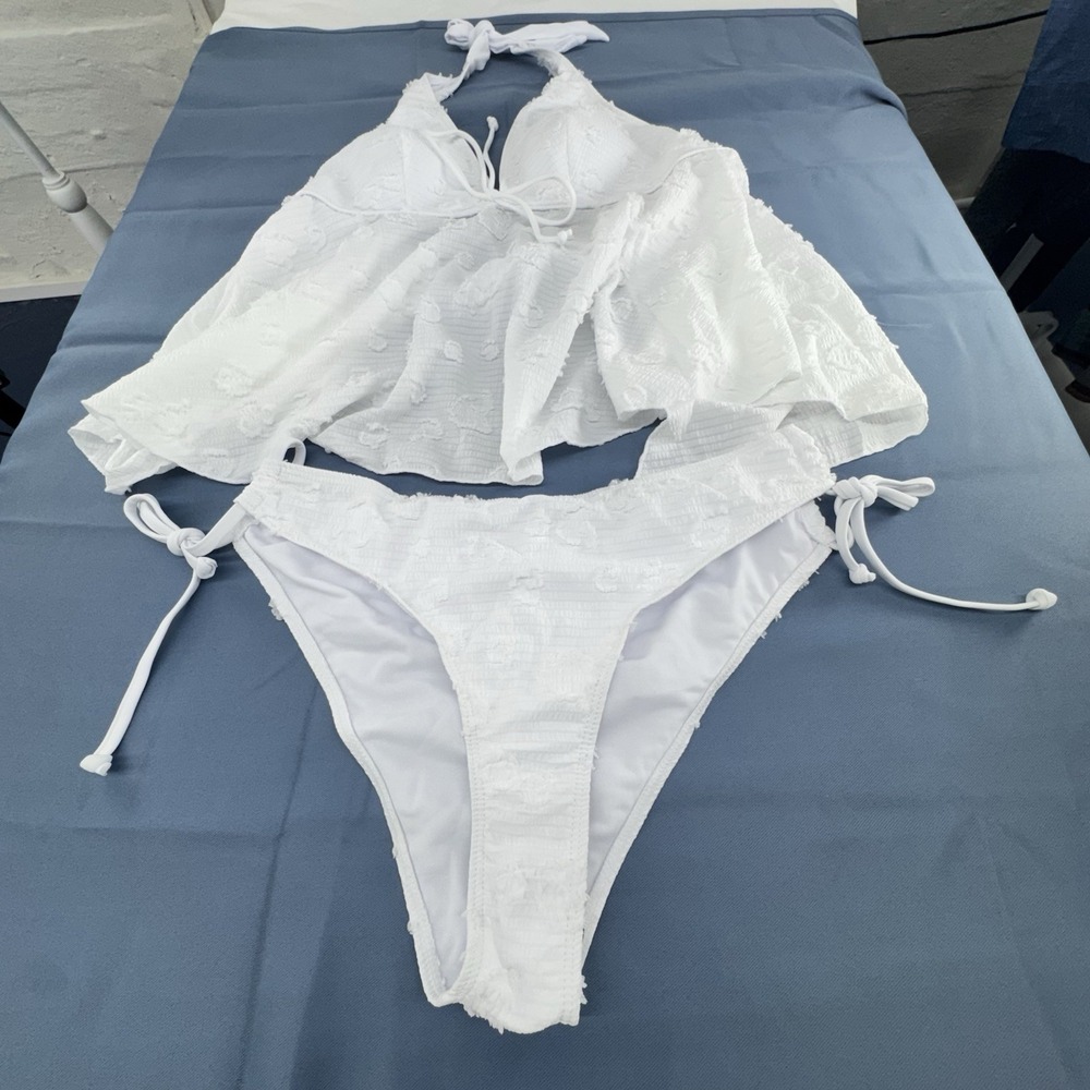 Sheer Two Piece Swim Suit White Gauze Textured Open Back New SHEIN   Large - Picture 2 of 8